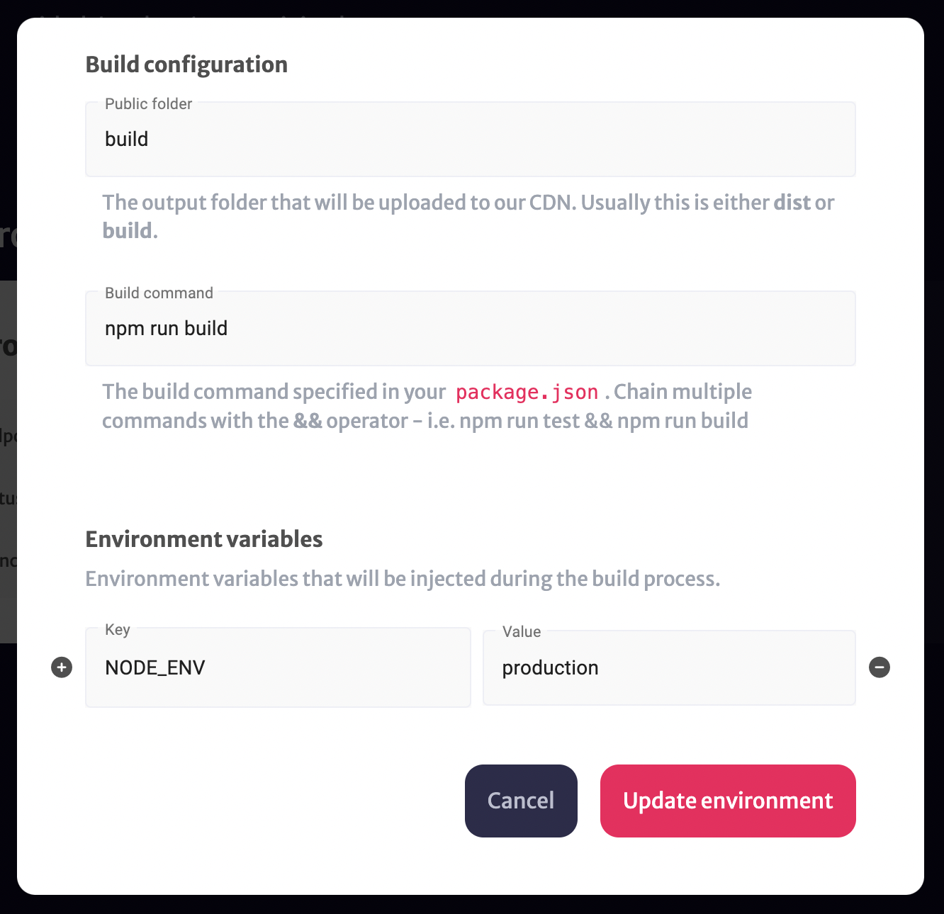 Environment build config